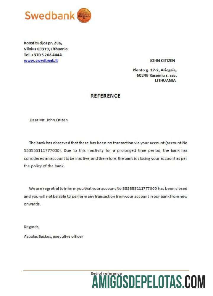 Referência de encerramento do Swedbank na Lituânia exemplo real